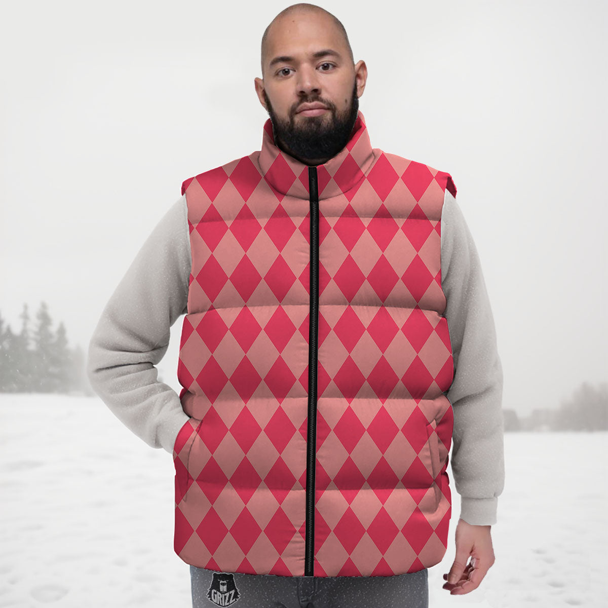 Harlequin Pink Print Pattern Down Vest-grizzshop