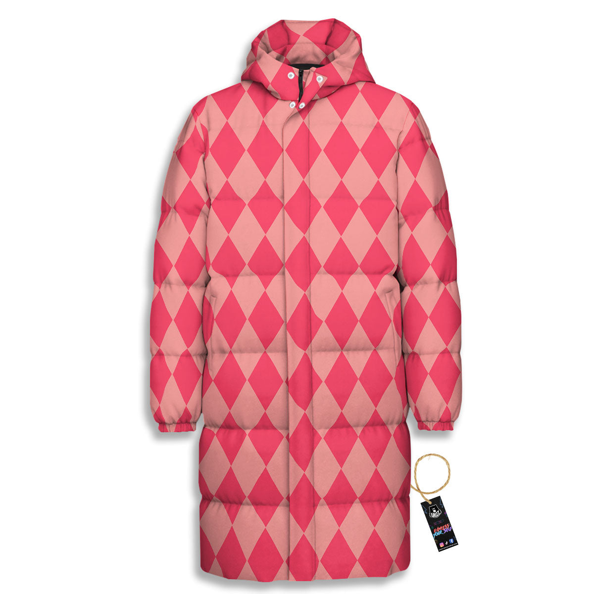 Harlequin Pink Print Pattern Long Down Jacket-grizzshop