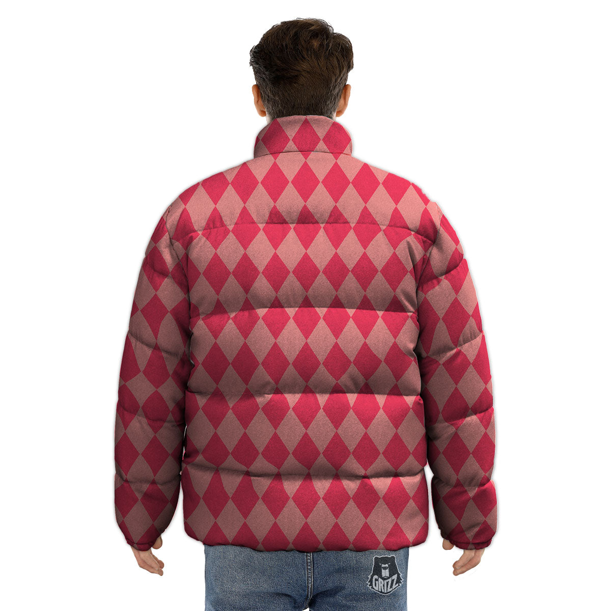 Harlequin Pink Print Pattern Puffer Jacket-grizzshop