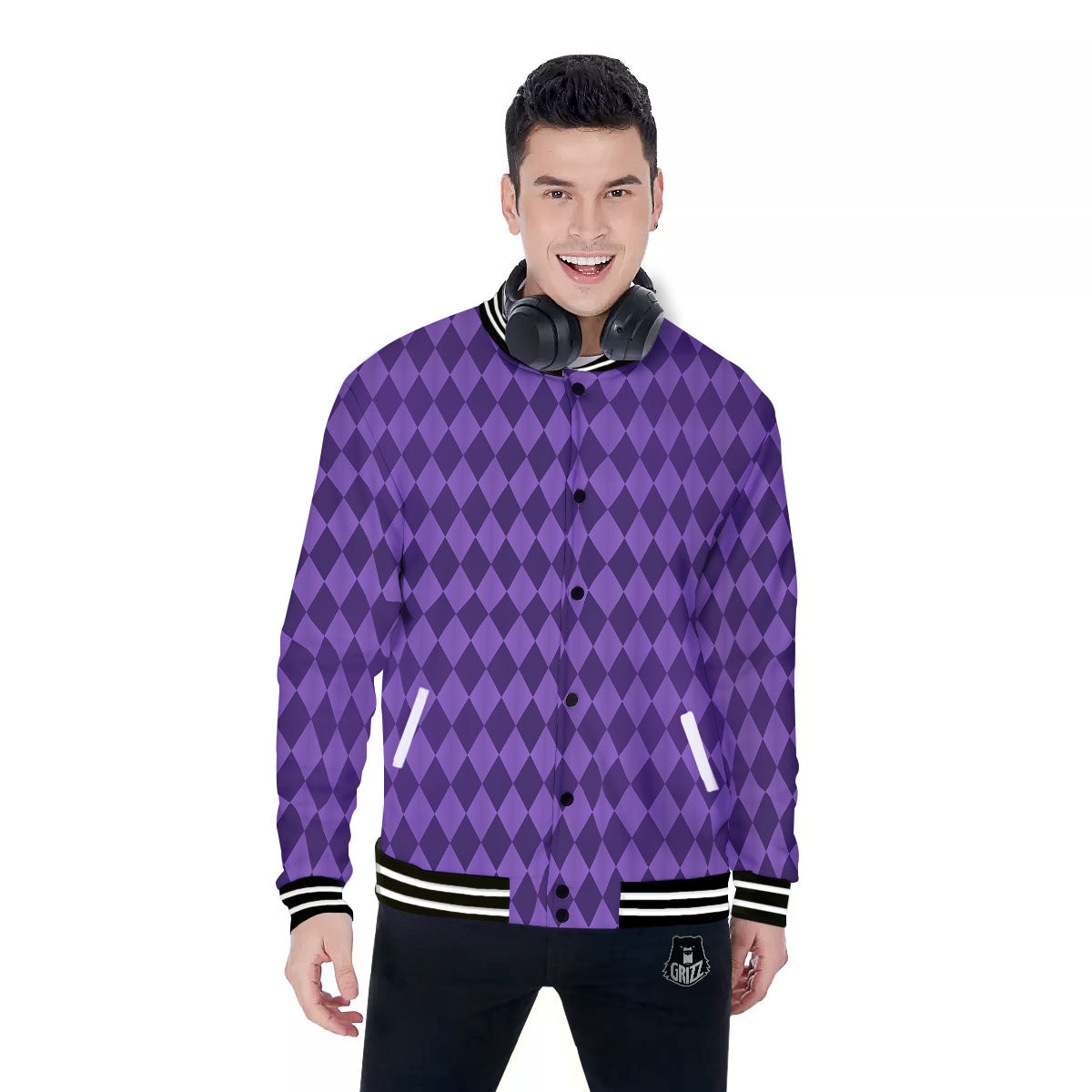 Harlequin Purple Print Pattern Baseball Jacket-grizzshop