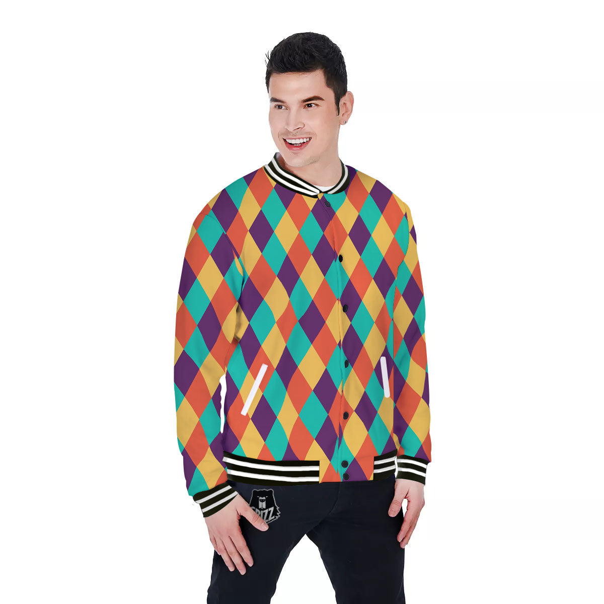 Harlequin Retro Print Pattern Baseball Jacket-grizzshop