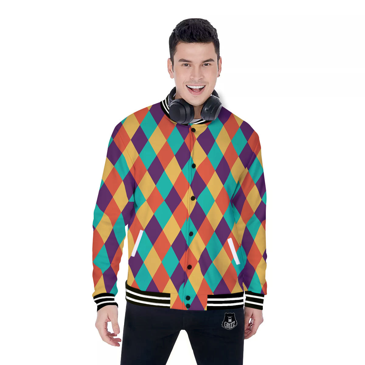 Harlequin Retro Print Pattern Baseball Jacket-grizzshop
