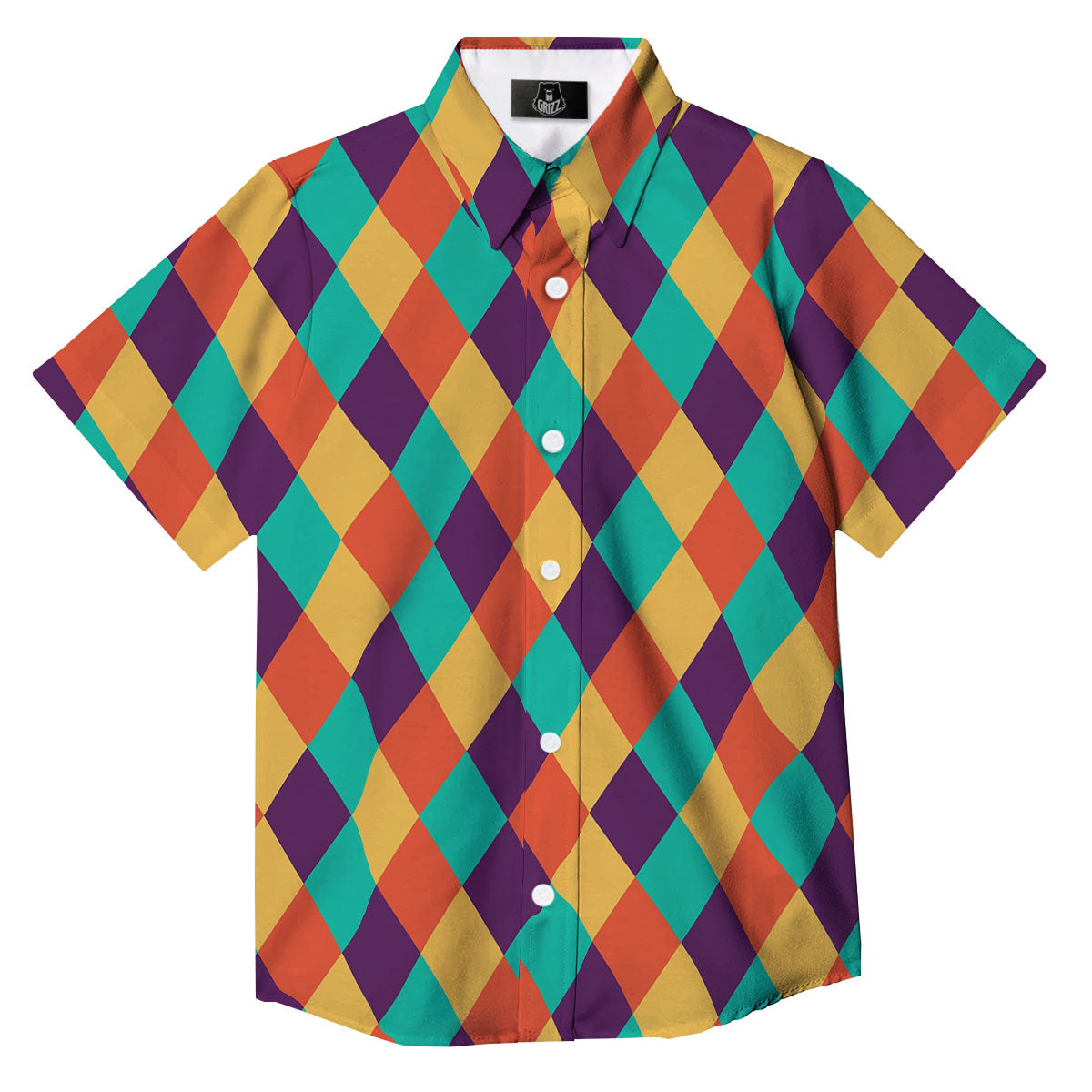 Harlequin Retro Print Pattern Button Up Shirt-grizzshop