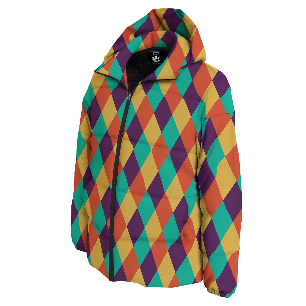 Harlequin Retro Print Pattern Down Jacket-grizzshop