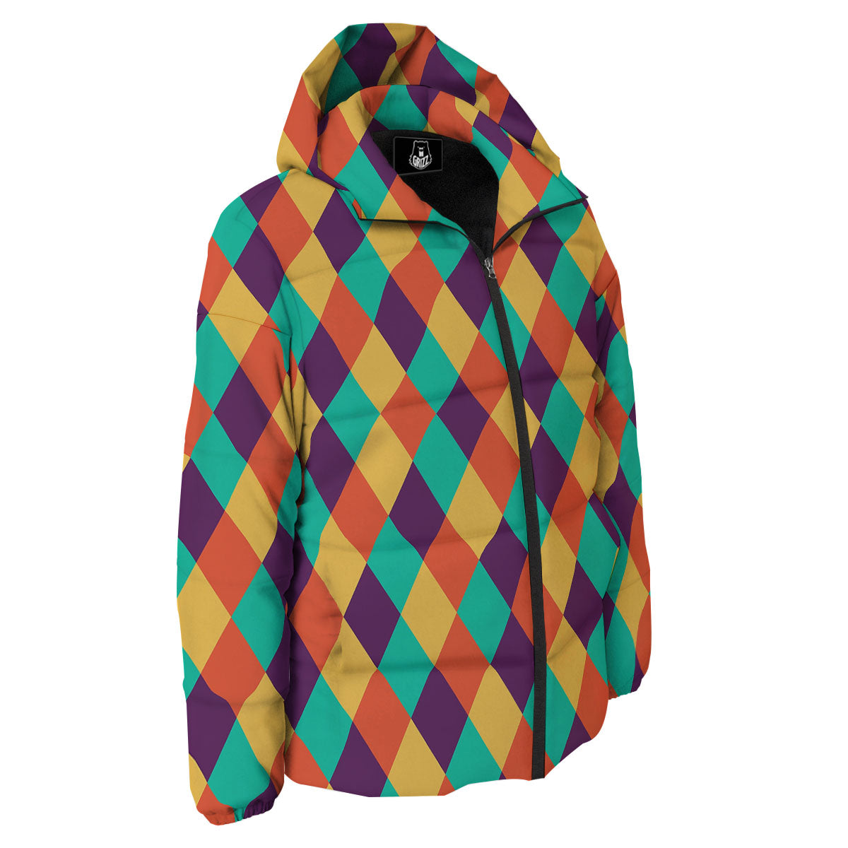 Harlequin Retro Print Pattern Down Jacket-grizzshop