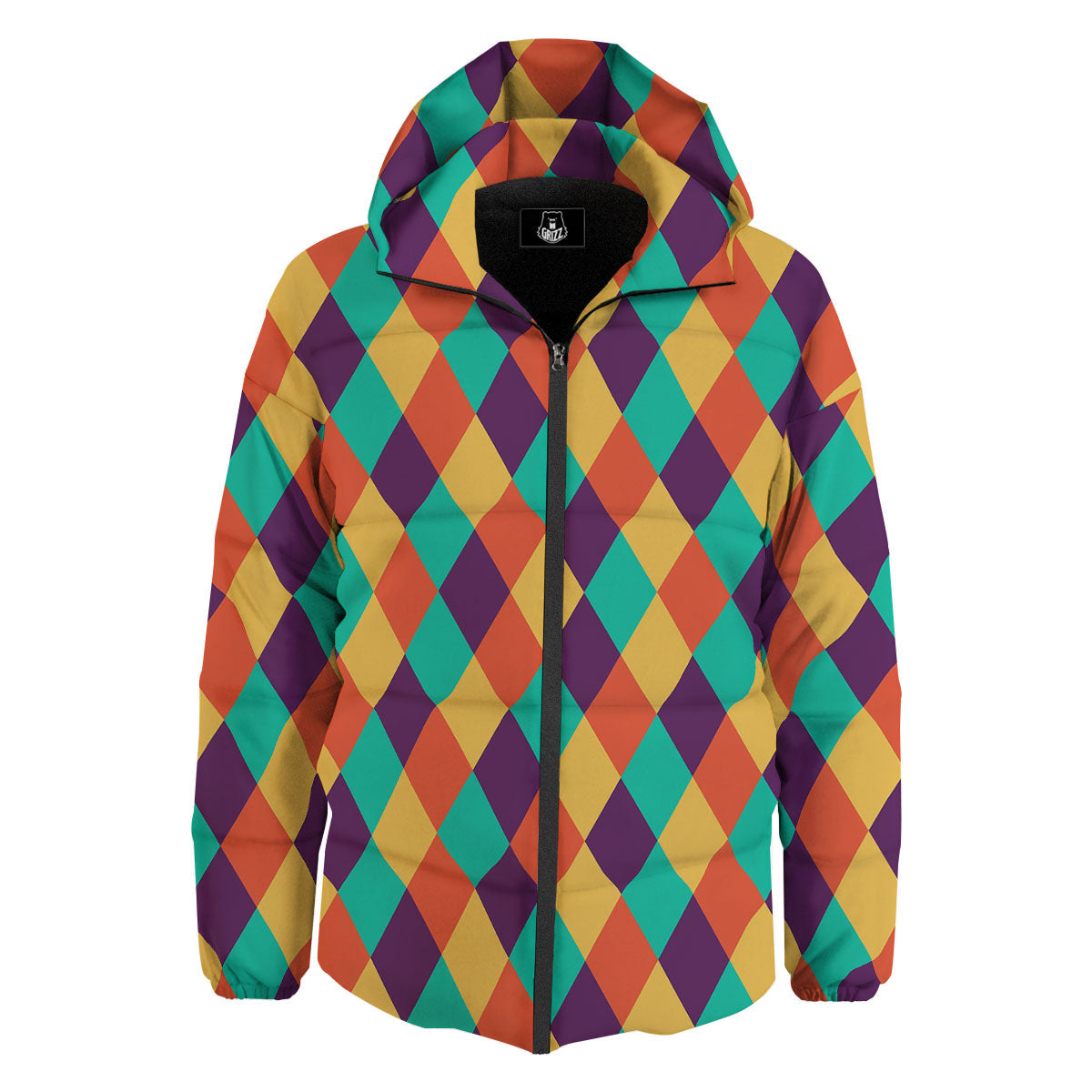 Harlequin Retro Print Pattern Down Jacket-grizzshop