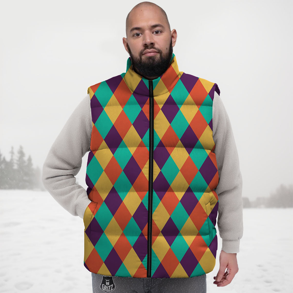 Harlequin Retro Print Pattern Down Vest-grizzshop