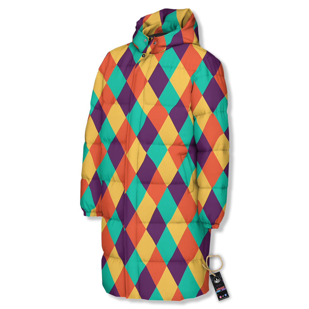 Harlequin Retro Print Pattern Long Down Jacket-grizzshop
