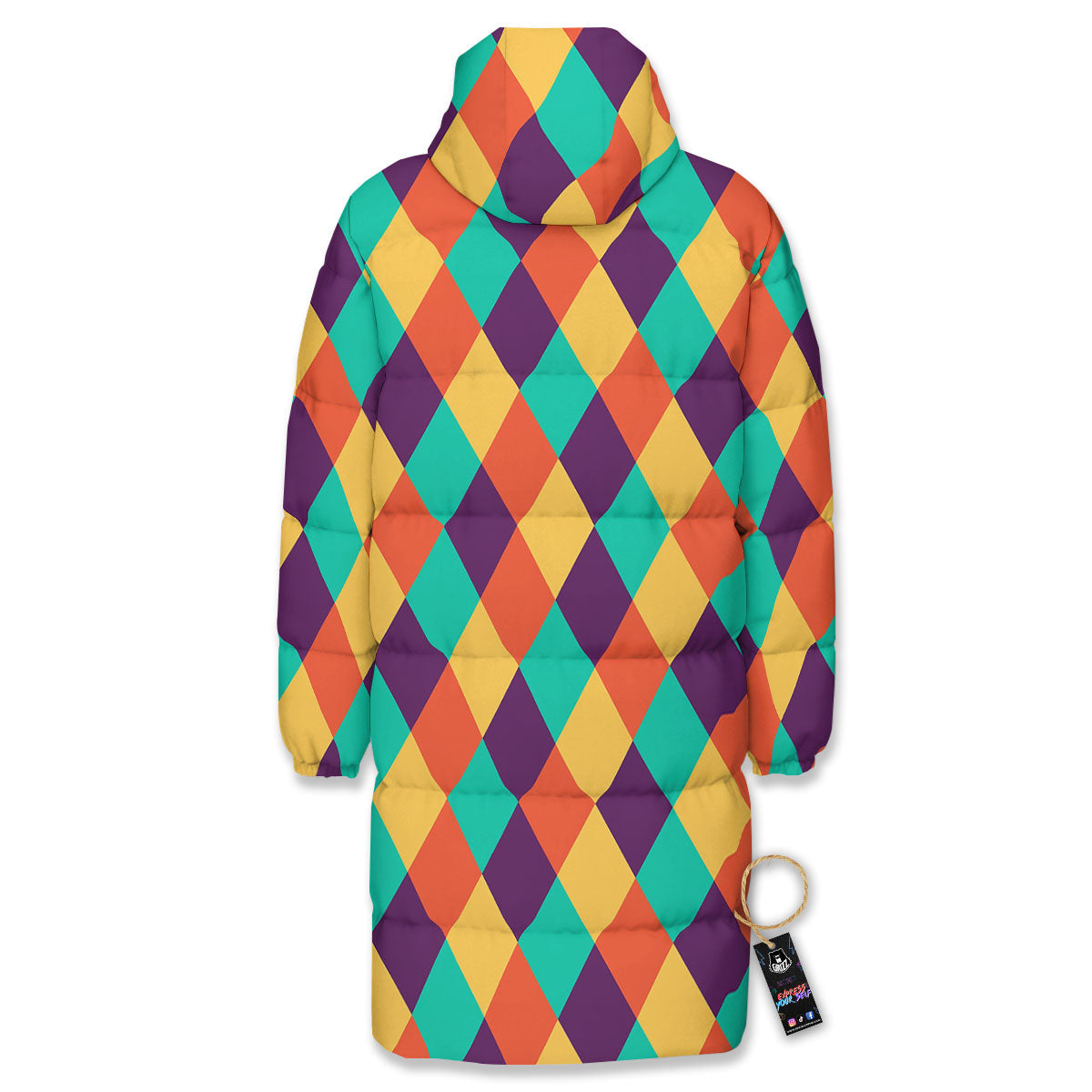 Harlequin Retro Print Pattern Long Down Jacket-grizzshop