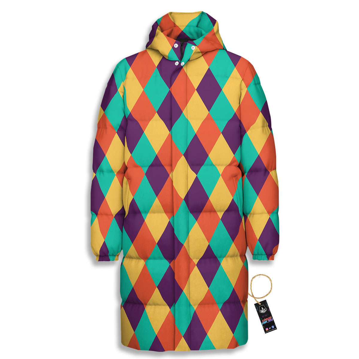 Harlequin Retro Print Pattern Long Down Jacket-grizzshop