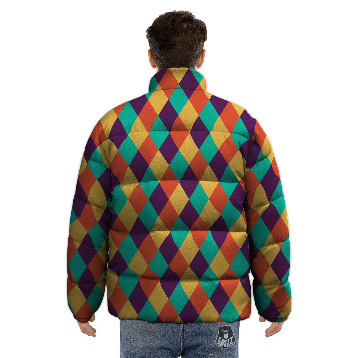 Harlequin Retro Print Pattern Puffer Jacket-grizzshop