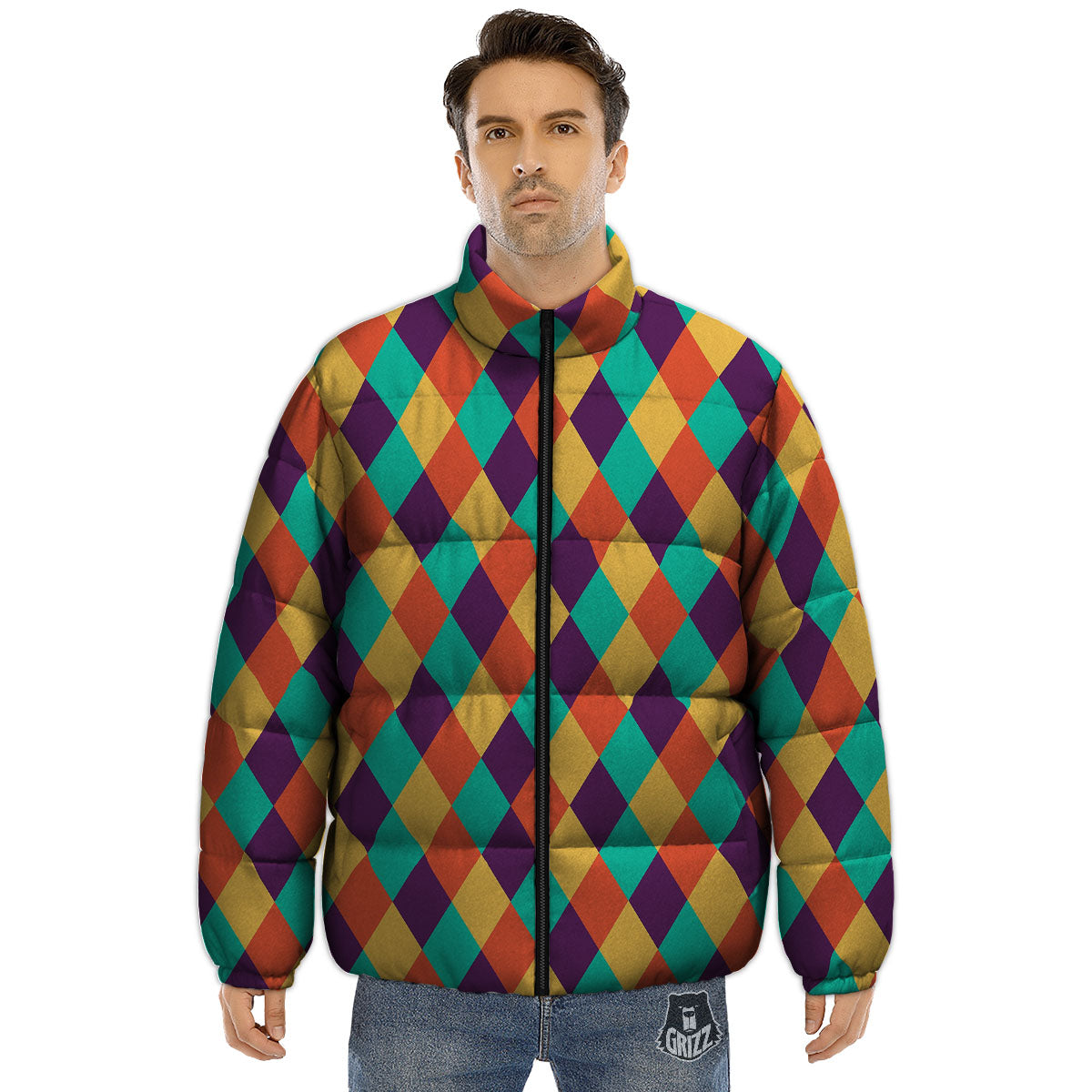 Harlequin Retro Print Pattern Puffer Jacket-grizzshop