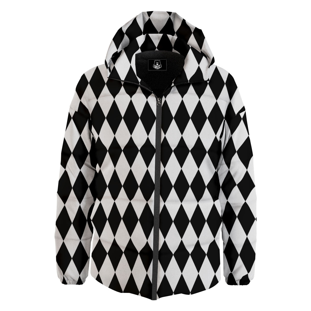 Harlequin White And Black Print Pattern Down Jacket-grizzshop