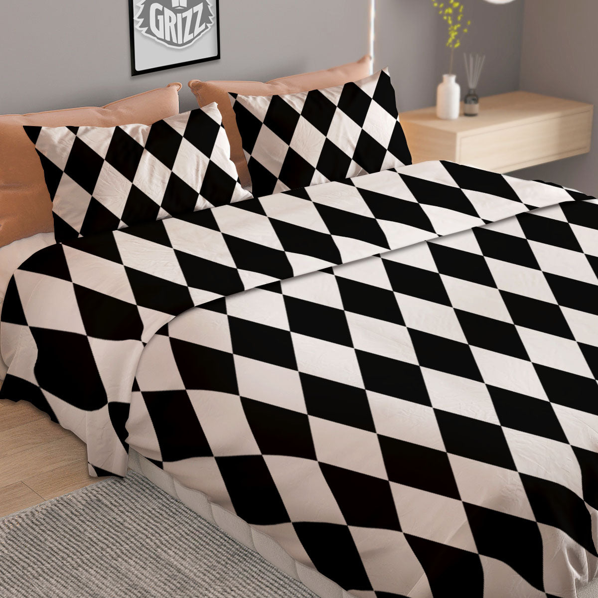 Harlequin White And Black Print Pattern Duvet Cover Bedding Set