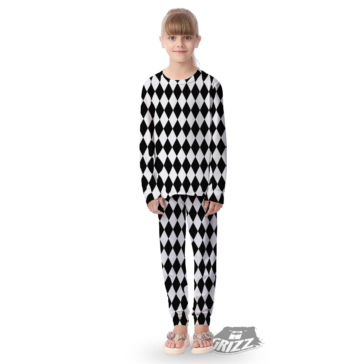 Harlequin White And Black Print Pattern Kid's Pajamas-grizzshop