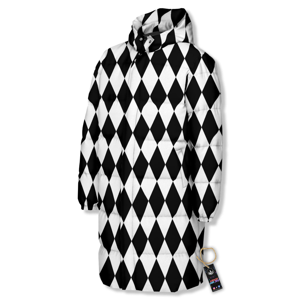 Harlequin White And Black Print Pattern Long Down Jacket-grizzshop
