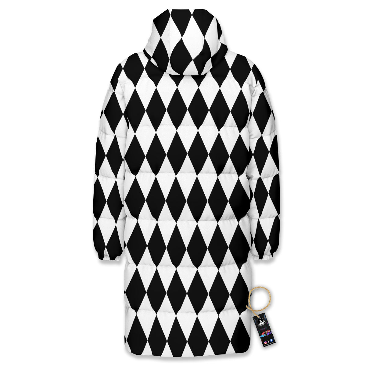 Harlequin White And Black Print Pattern Long Down Jacket-grizzshop
