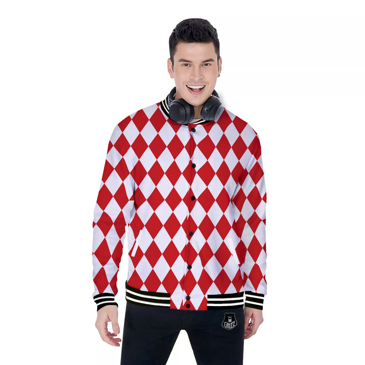 Harlequin White And Red Print Pattern Baseball Jacket-grizzshop