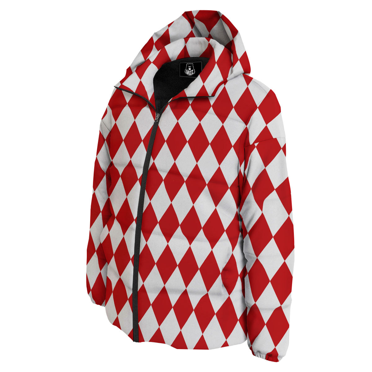 Harlequin White And Red Print Pattern Down Jacket-grizzshop