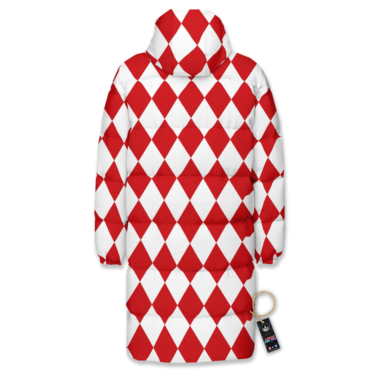 Harlequin White And Red Print Pattern Long Down Jacket-grizzshop