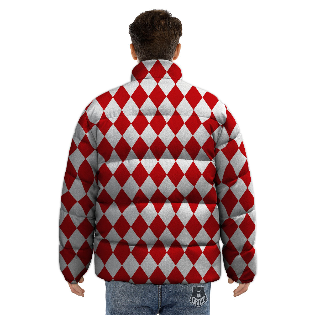 Harlequin White And Red Print Pattern Puffer Jacket-grizzshop
