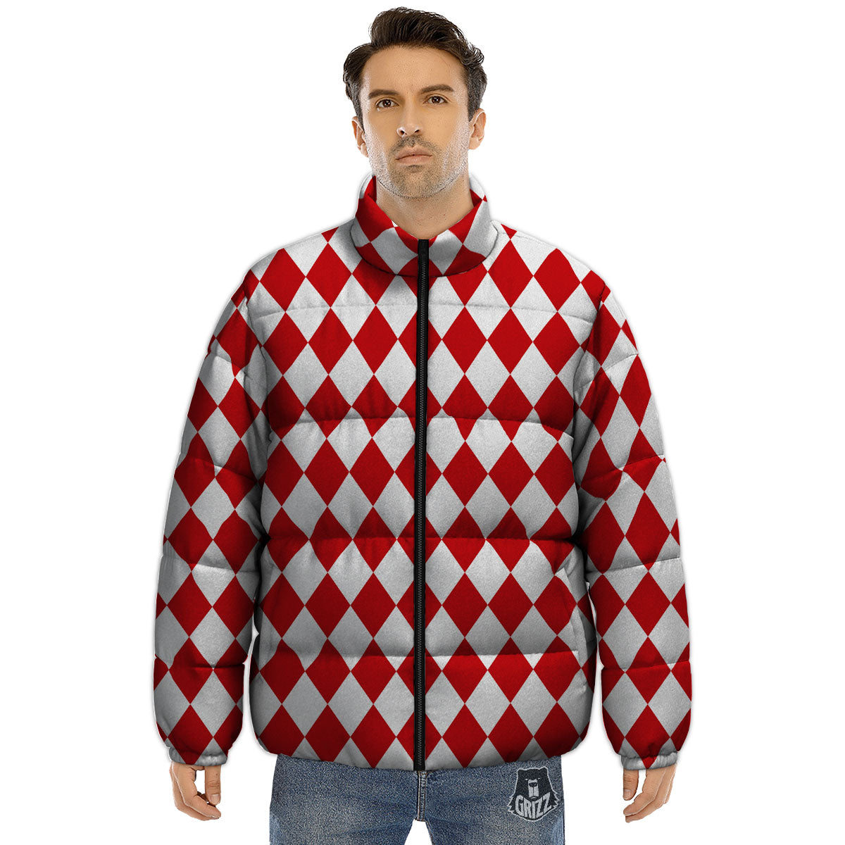 Harlequin White And Red Print Pattern Puffer Jacket-grizzshop