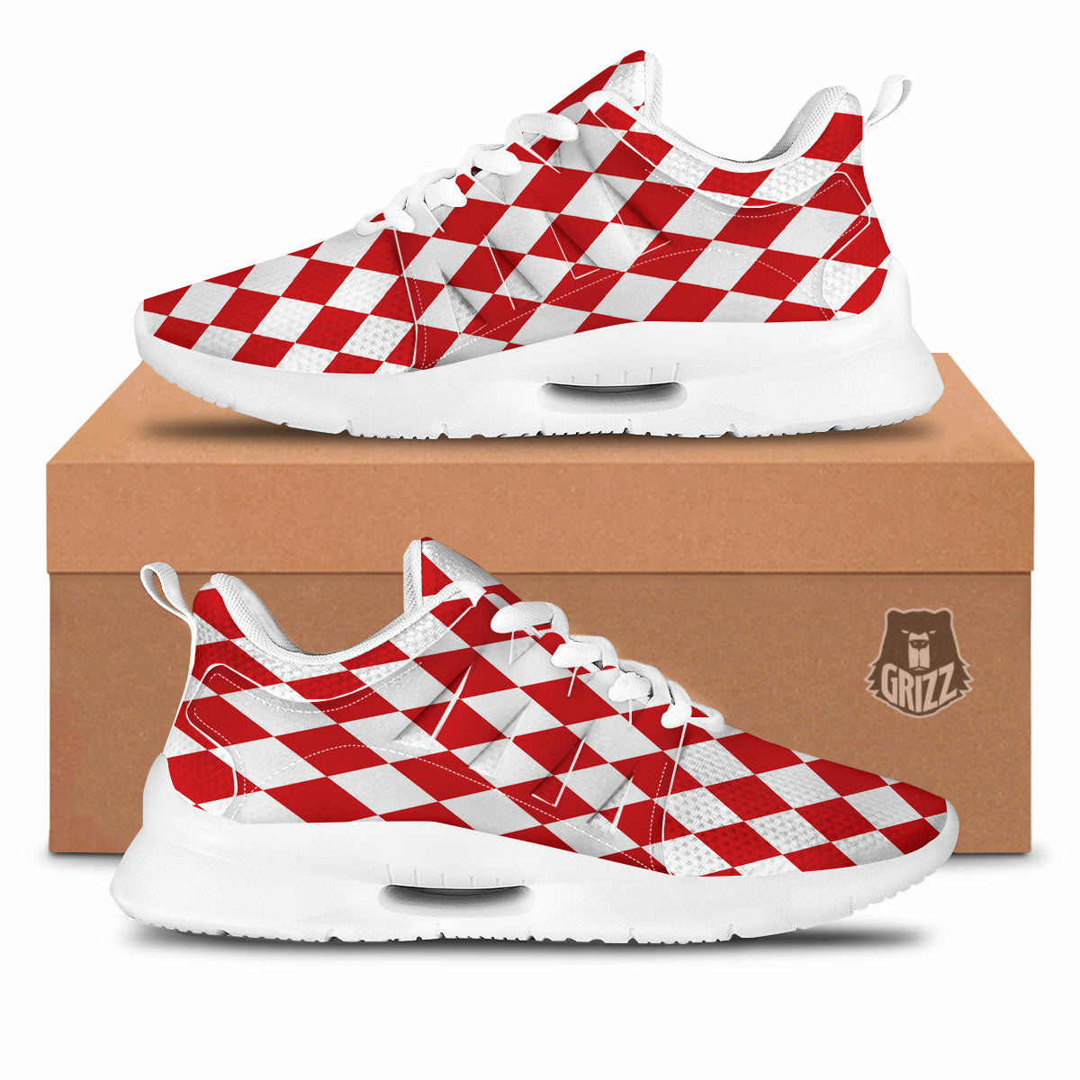 Harlequin White And Red Print Pattern Tennis Shoes-grizzshop
