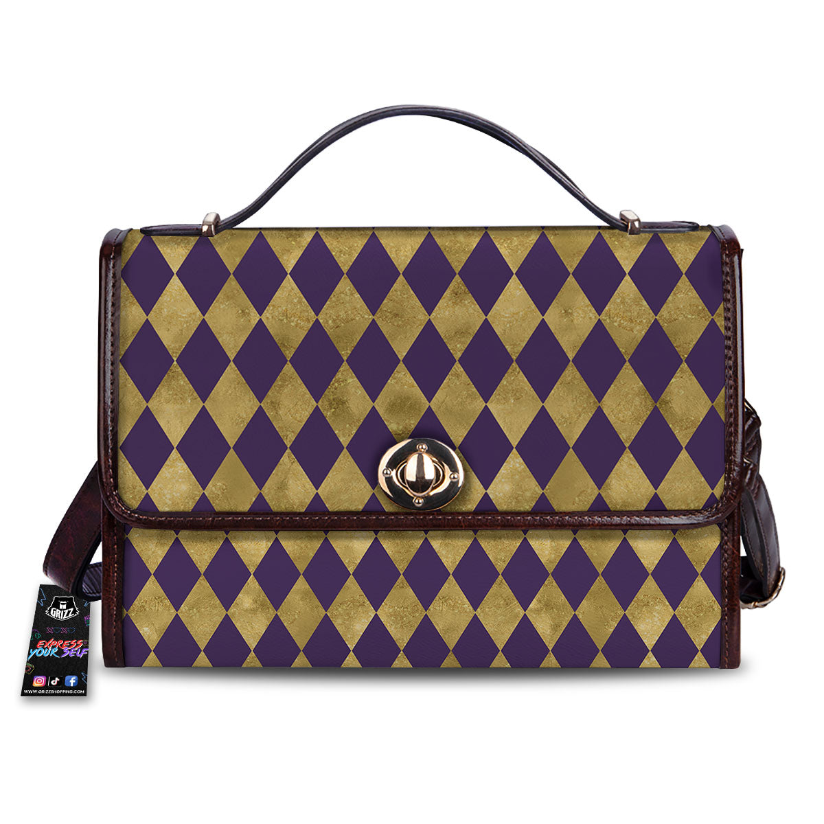 Harlequin Gold And Purple Print Pattern Women's Satchel Bag