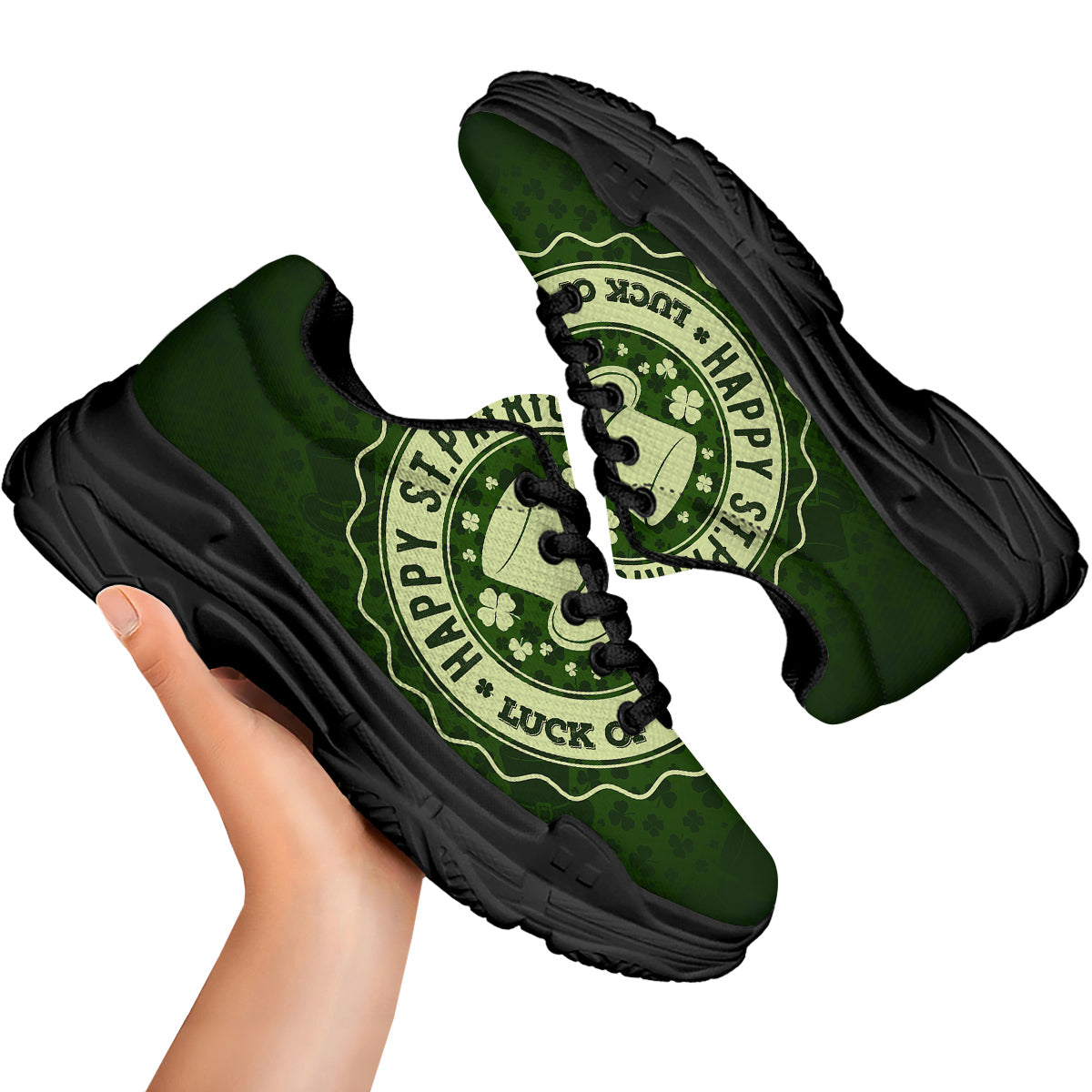 Hat And St. Patrick's Day Clover Print Black Chunky Shoes-grizzshop