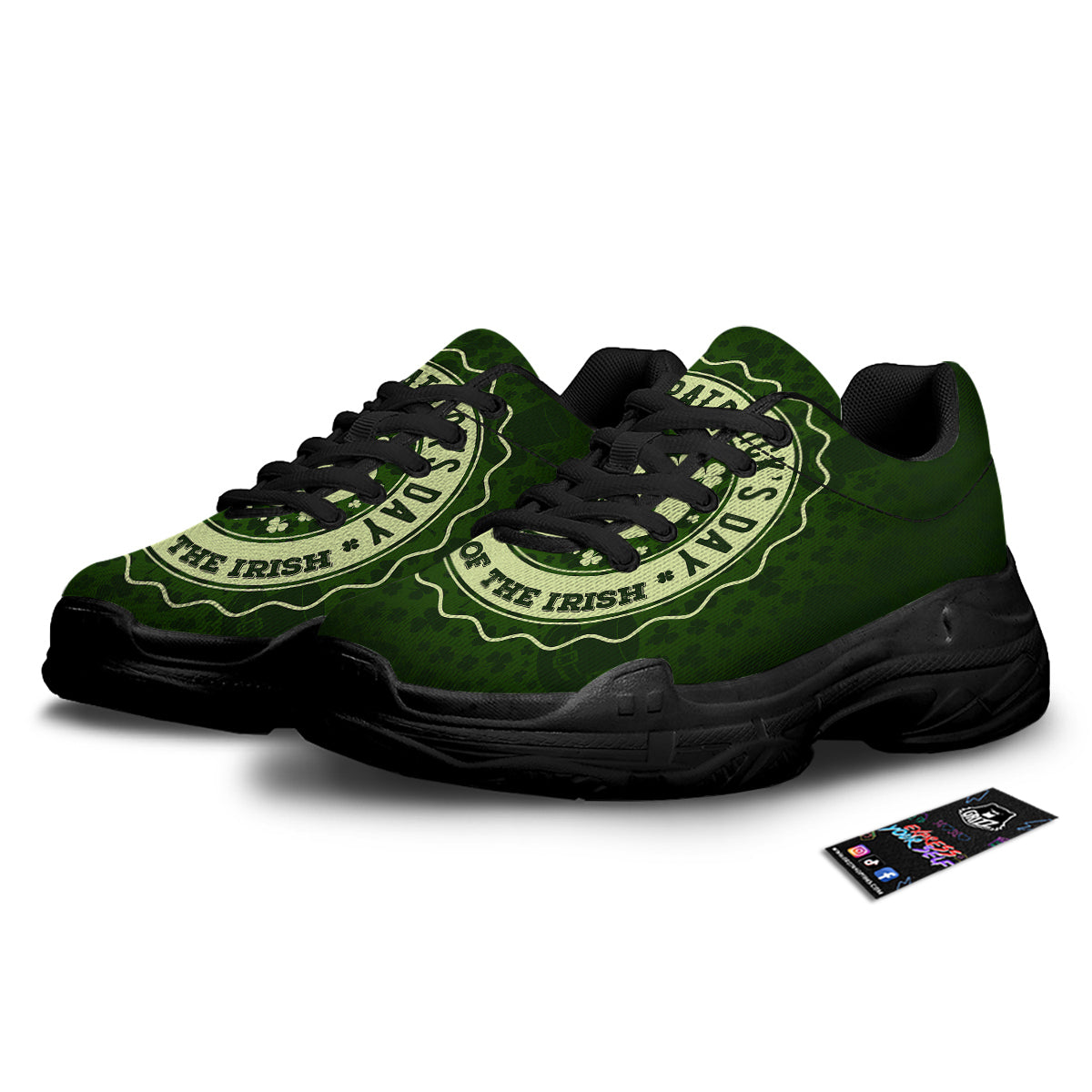 Hat And St. Patrick's Day Clover Print Black Chunky Shoes-grizzshop