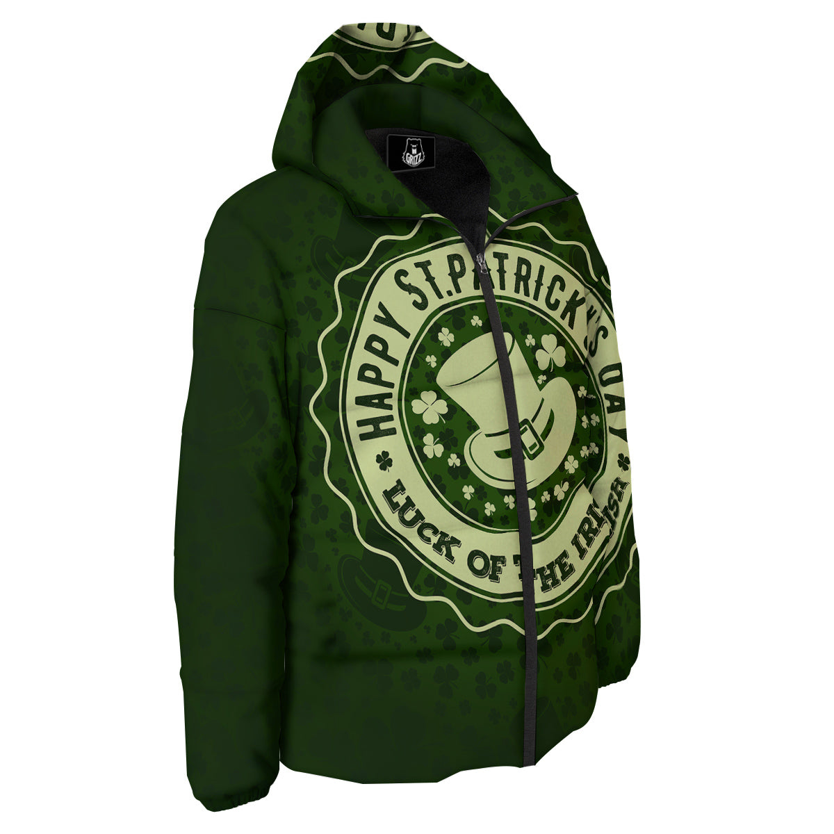 Hat And St. Patrick's Day Clover Print Down Jacket-grizzshop