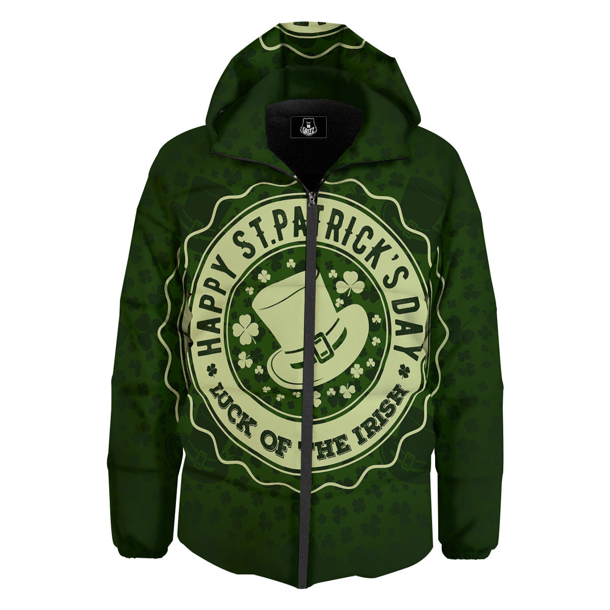 Hat And St. Patrick's Day Clover Print Down Jacket-grizzshop