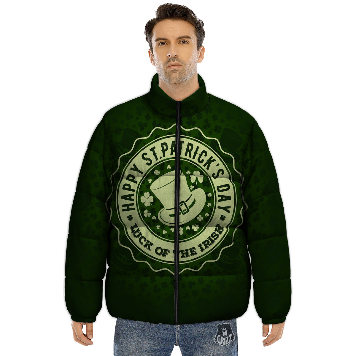 Hat And St. Patrick's Day Clover Print Puffer Jacket-grizzshop