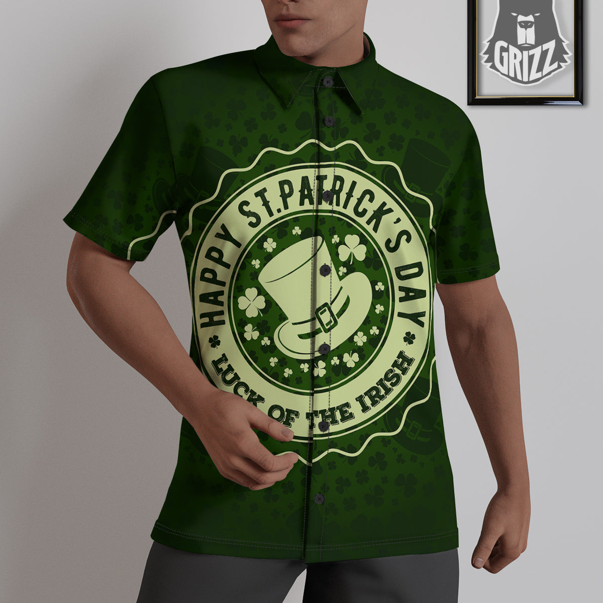 Hat And St. Patrick's Day Clover Print Untucked Shirts-grizzshop