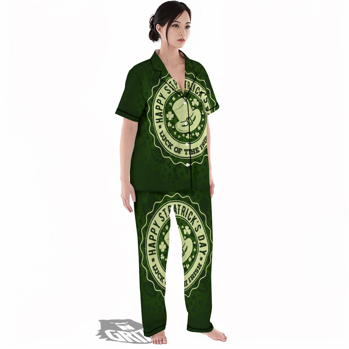 Hat And St. Patrick's Day Clover Print Women's Pajamas Set-grizzshop