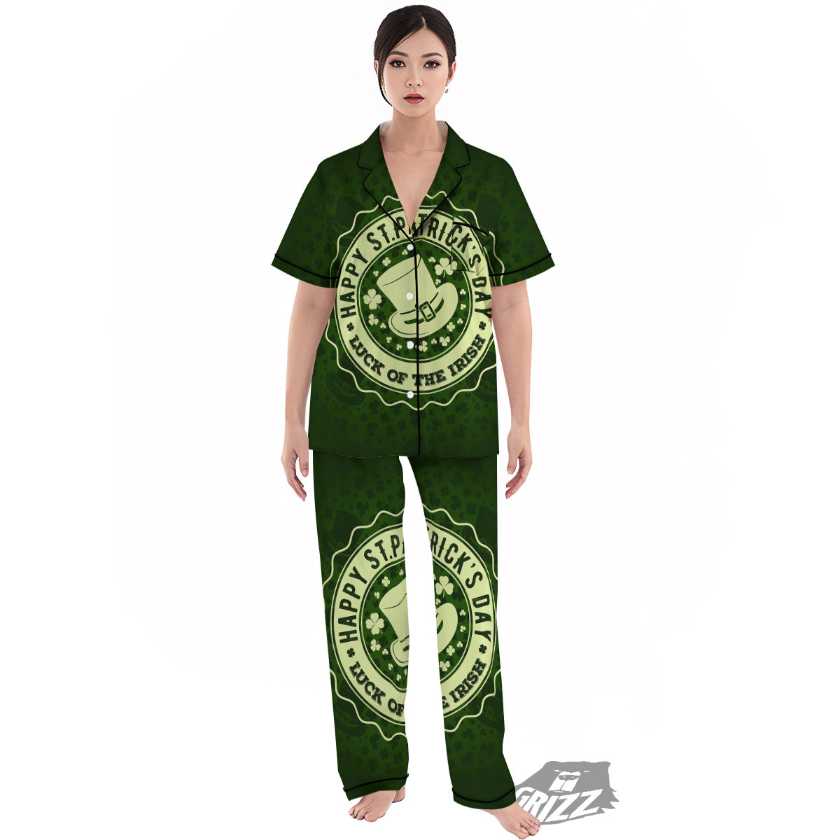 Hat And St. Patrick's Day Clover Print Women's Pajamas Set-grizzshop