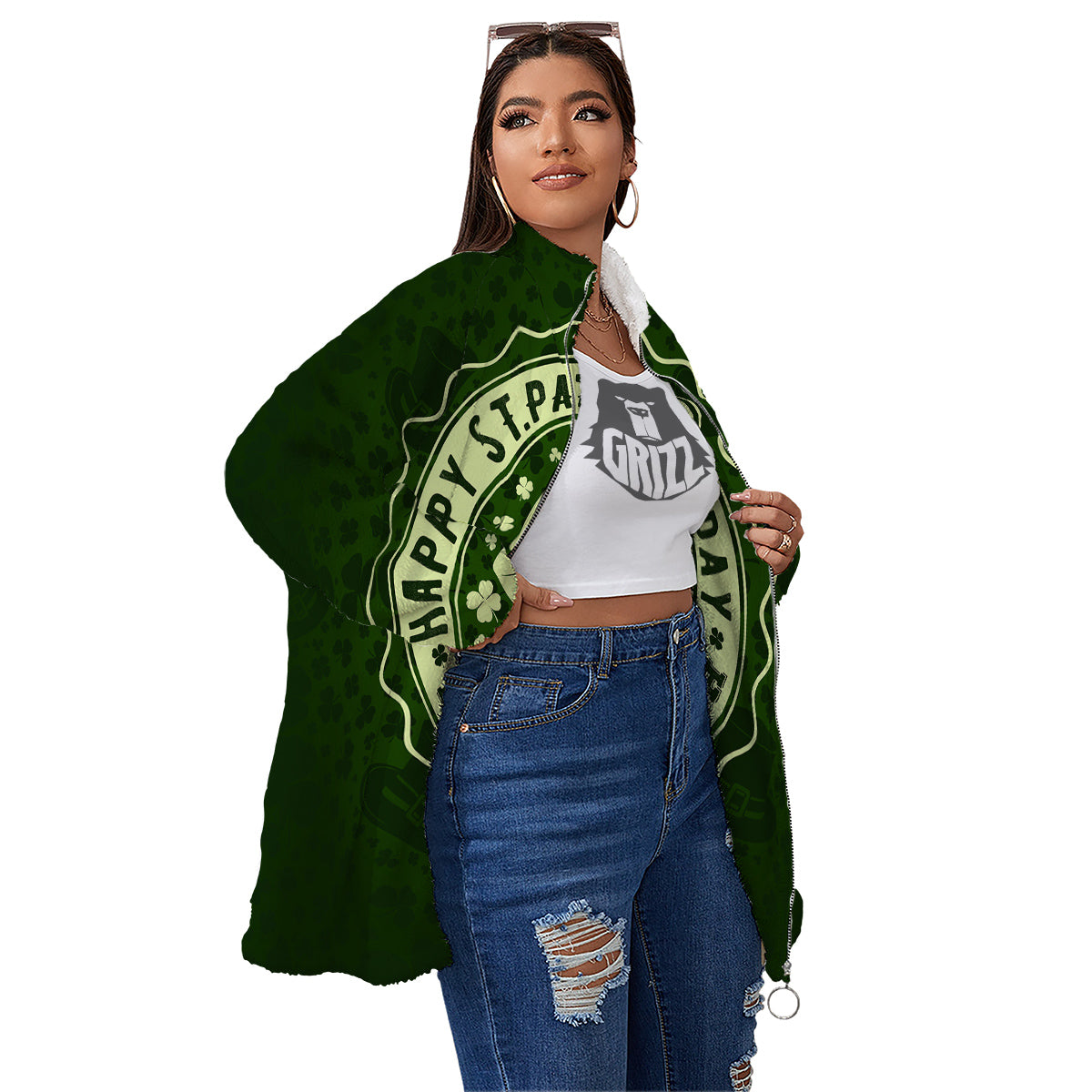 Hat And St. Patrick's Day Clover Print Women's Sherpa Jacket-grizzshop