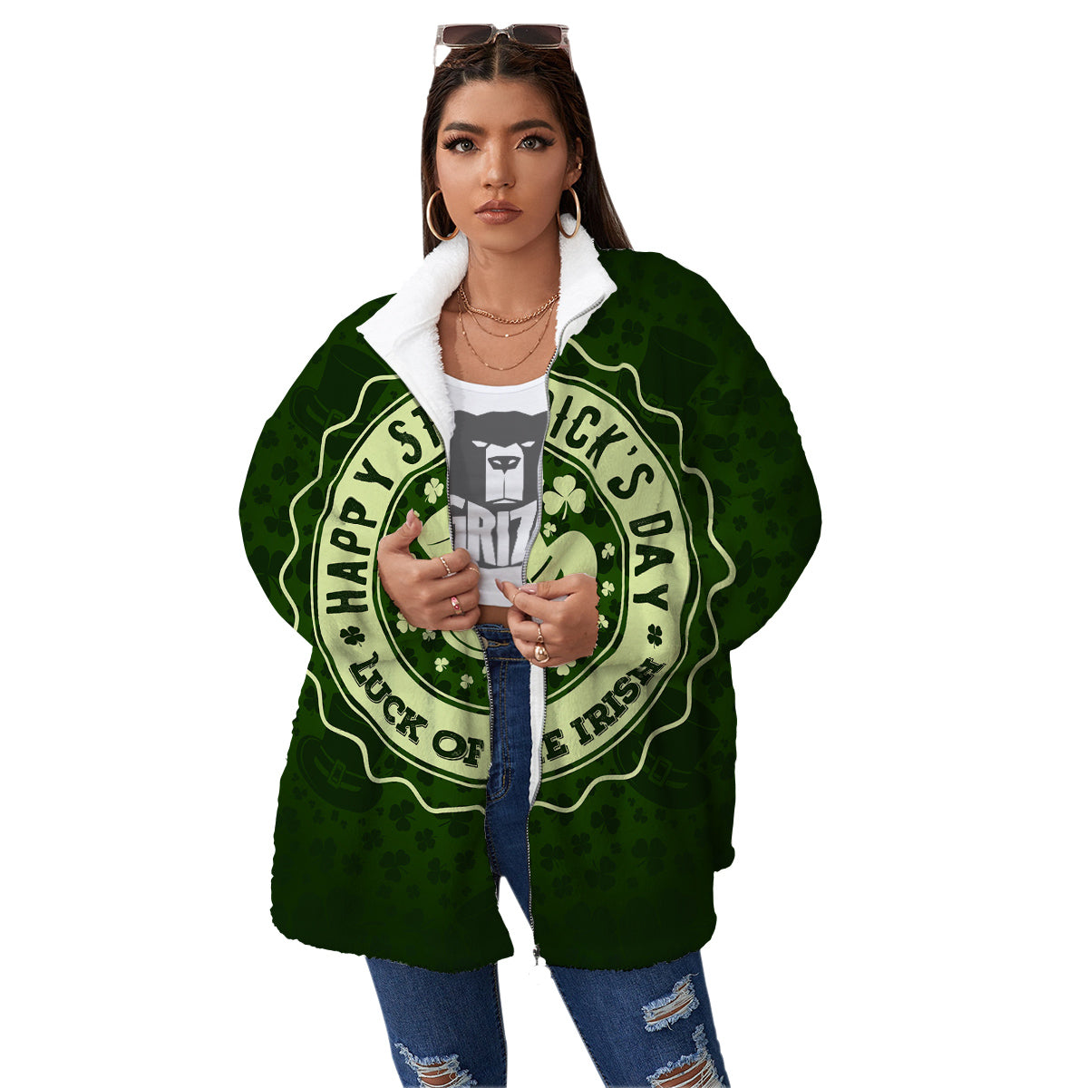 Hat And St. Patrick's Day Clover Print Women's Sherpa Jacket-grizzshop