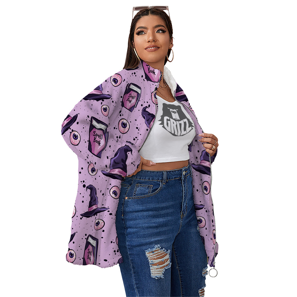 Hat Wizard Print Pattern Women's Sherpa Jacket-grizzshop