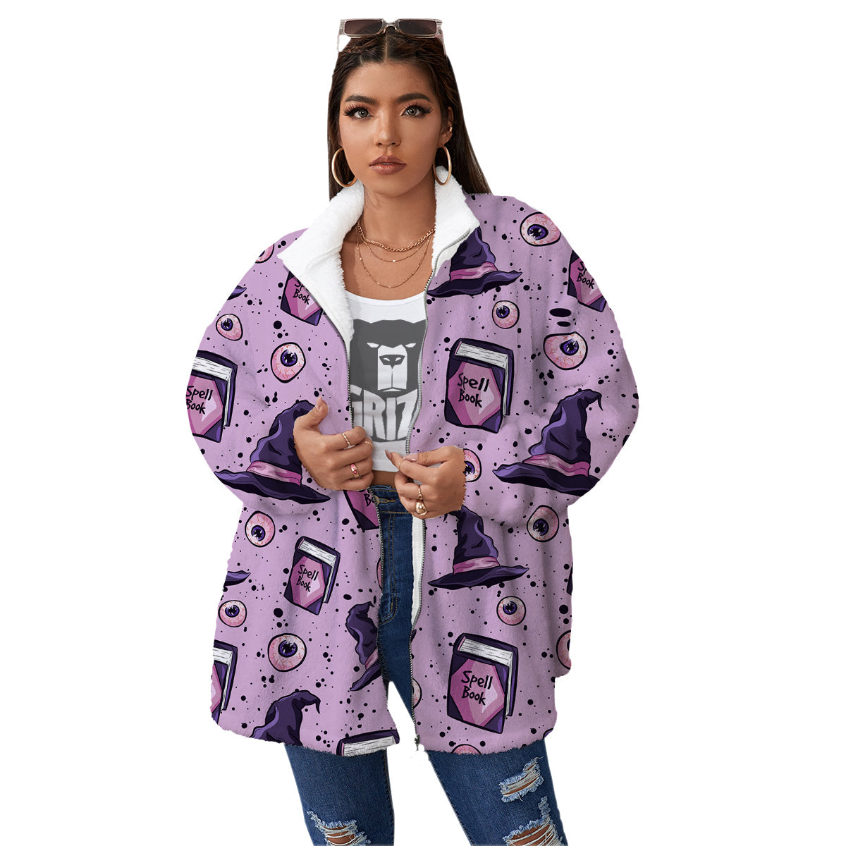 Hat Wizard Print Pattern Women's Sherpa Jacket-grizzshop