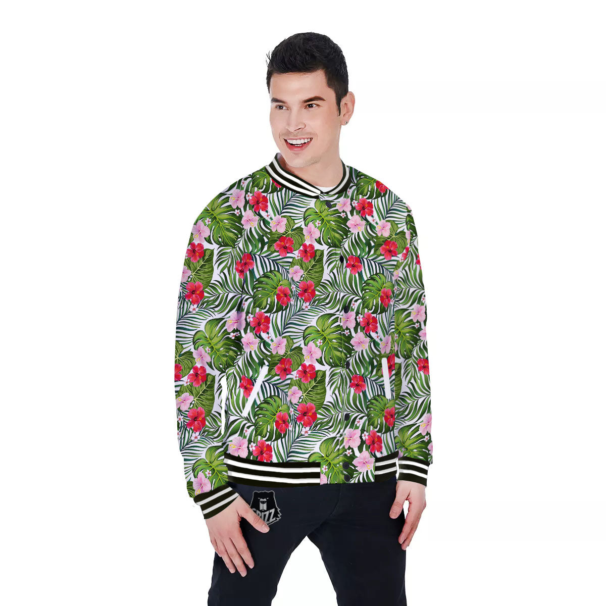 Hawaii Hibiscus Monstera Print Pattern Baseball Jacket-grizzshop