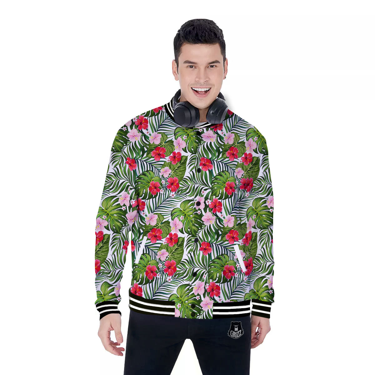 Hawaii Hibiscus Monstera Print Pattern Baseball Jacket-grizzshop