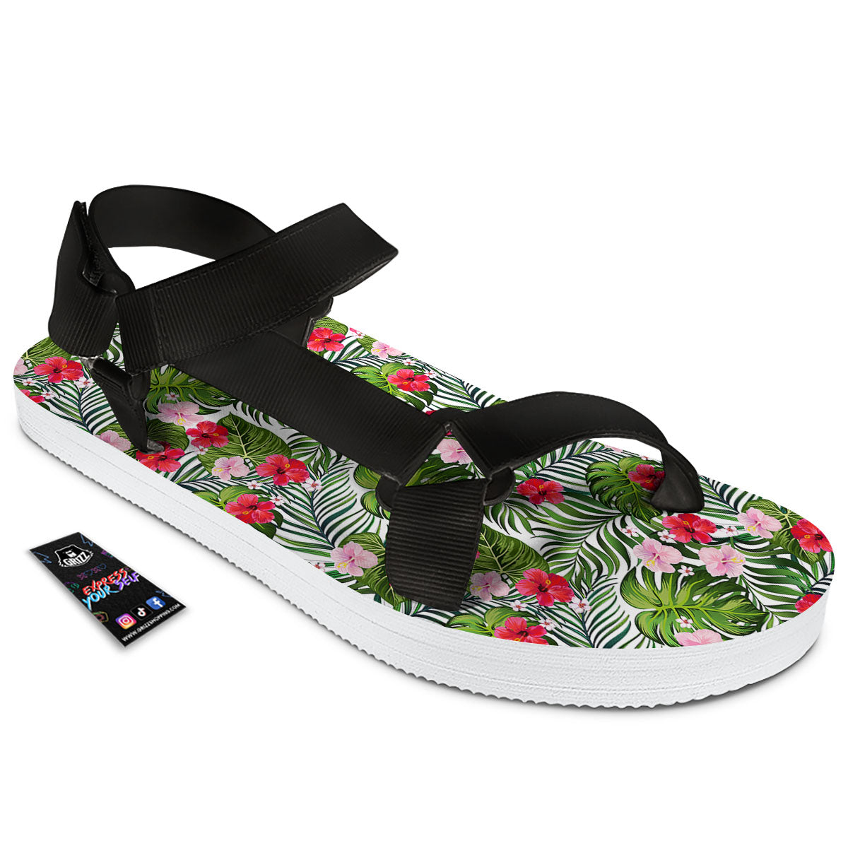Hawaii Hibiscus Monstera Print Pattern Black Open Toe Sandals-grizzshop