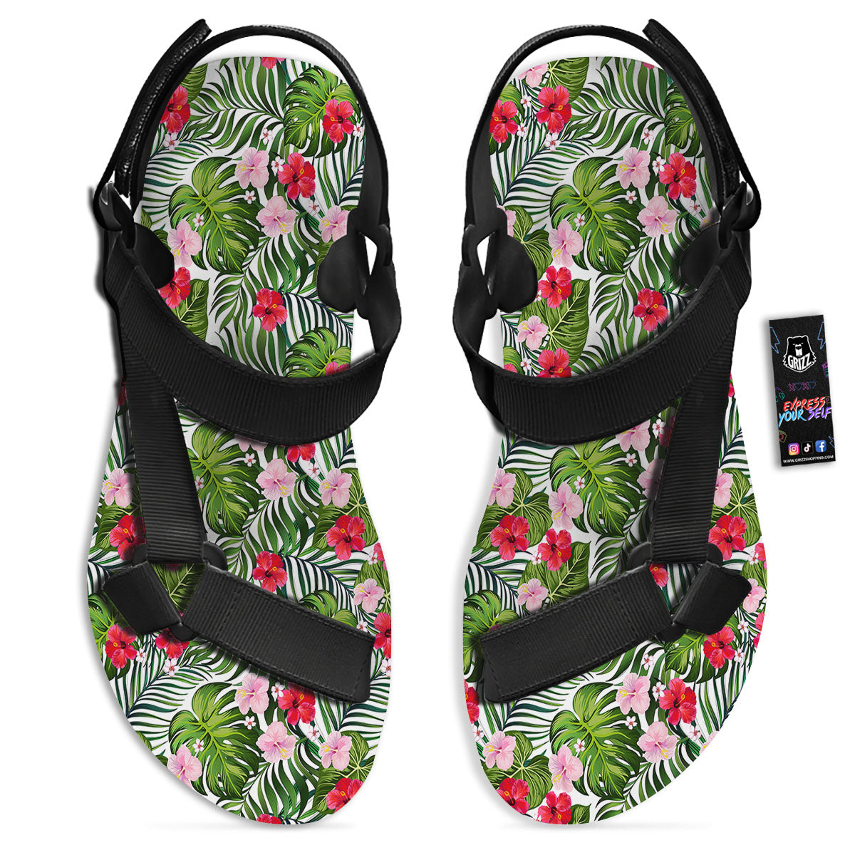 Hawaii Hibiscus Monstera Print Pattern Black Open Toe Sandals-grizzshop