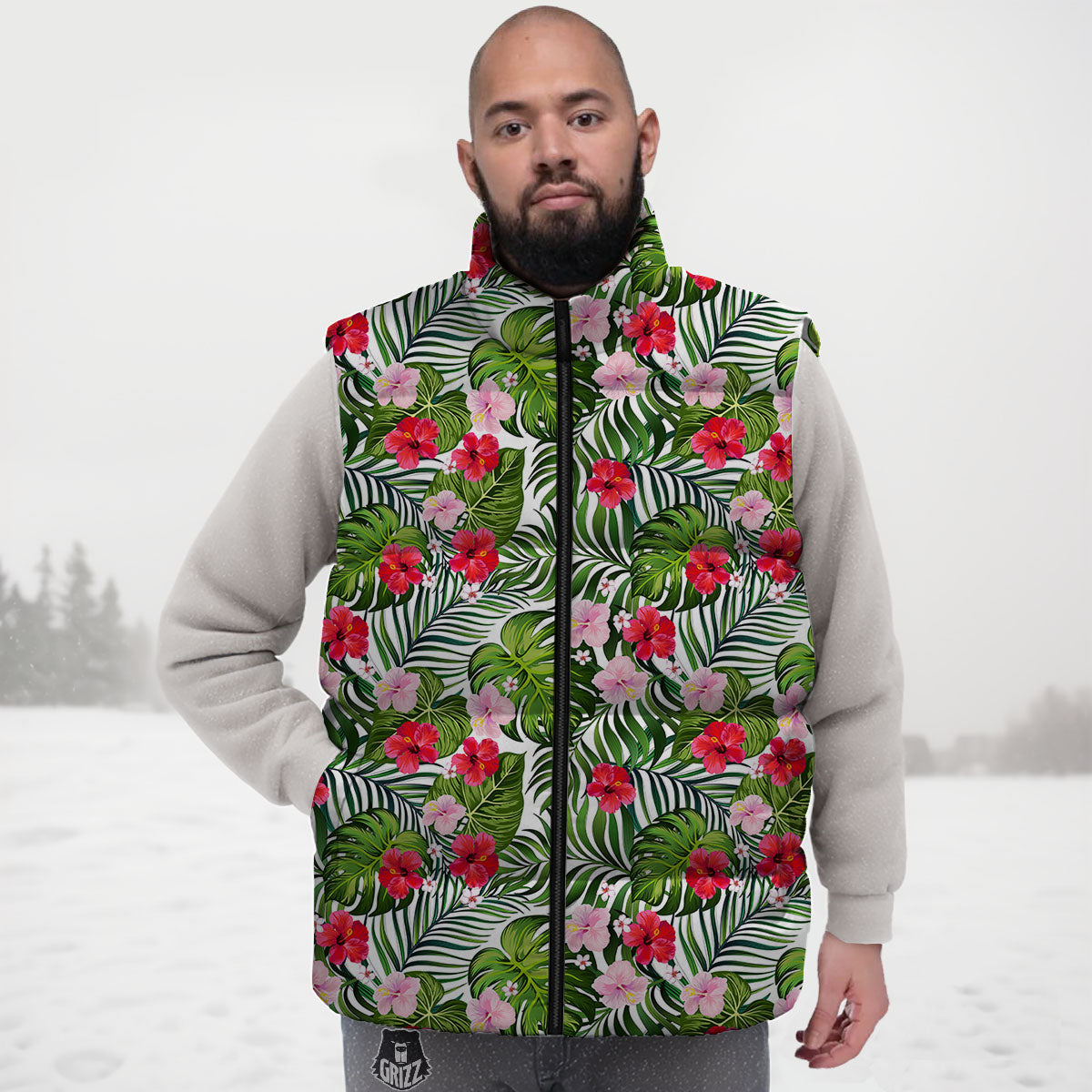 Hawaii Hibiscus Monstera Print Pattern Down Vest