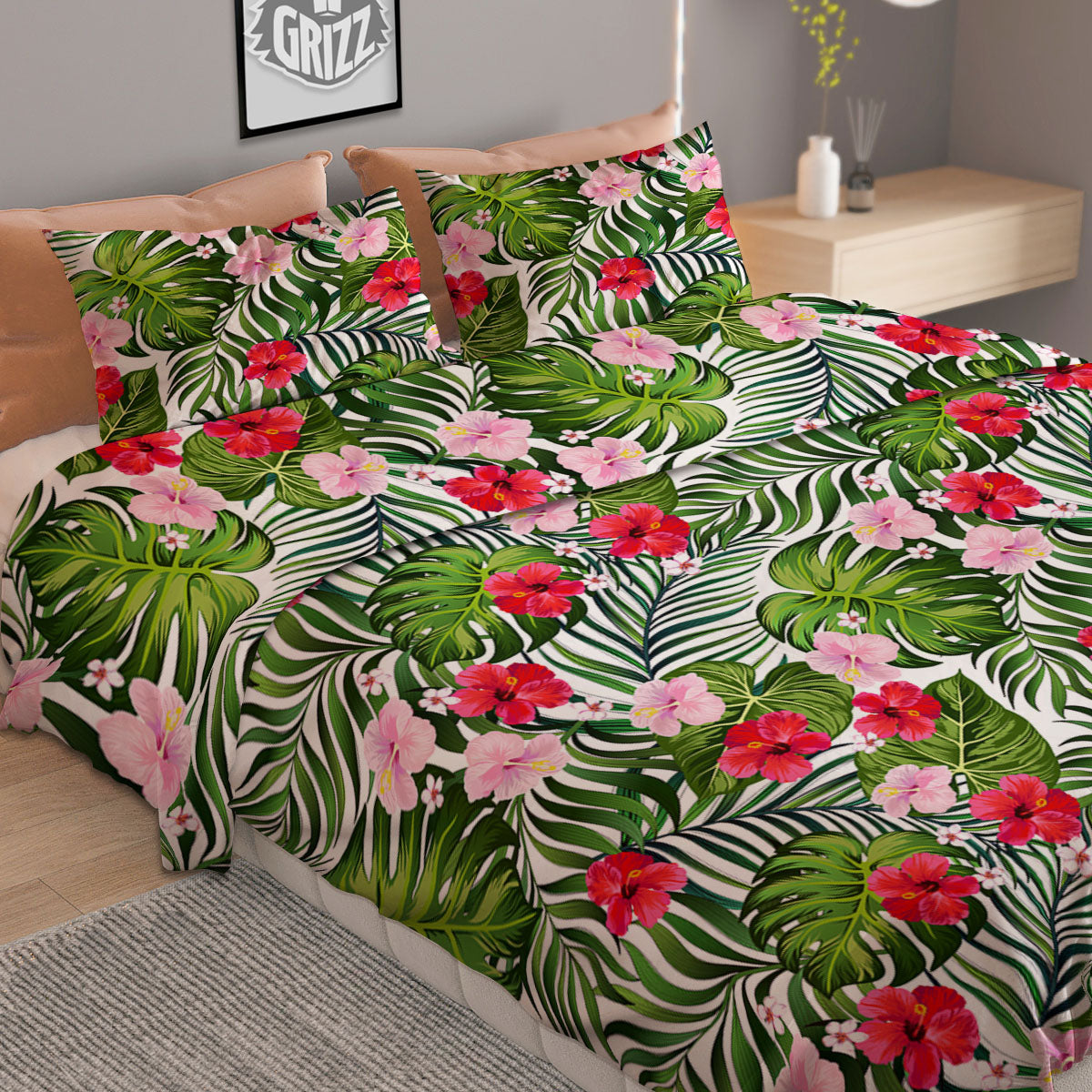 Hawaii Hibiscus Monstera Print Pattern Duvet Cover Bedding Set