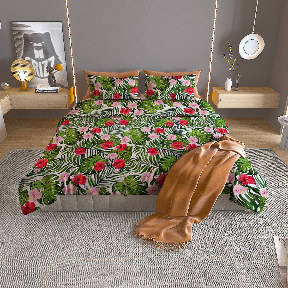 Hawaii Hibiscus Monstera Print Pattern Duvet Cover Bedding Set