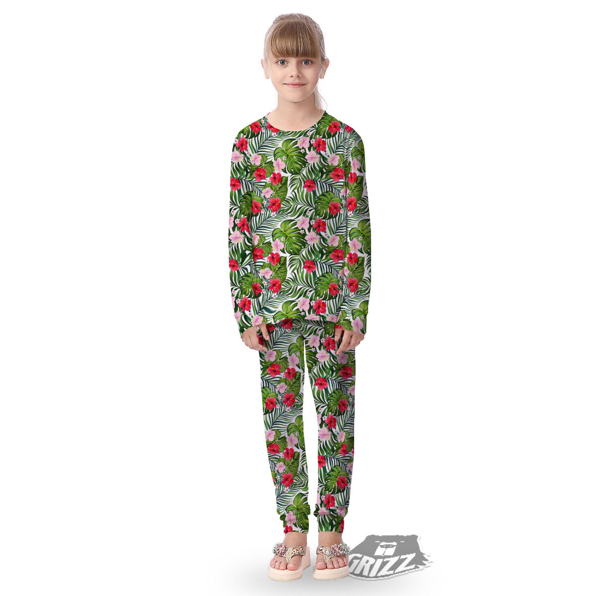 Hawaii Hibiscus Monstera Print Pattern Kid's Pajamas-grizzshop