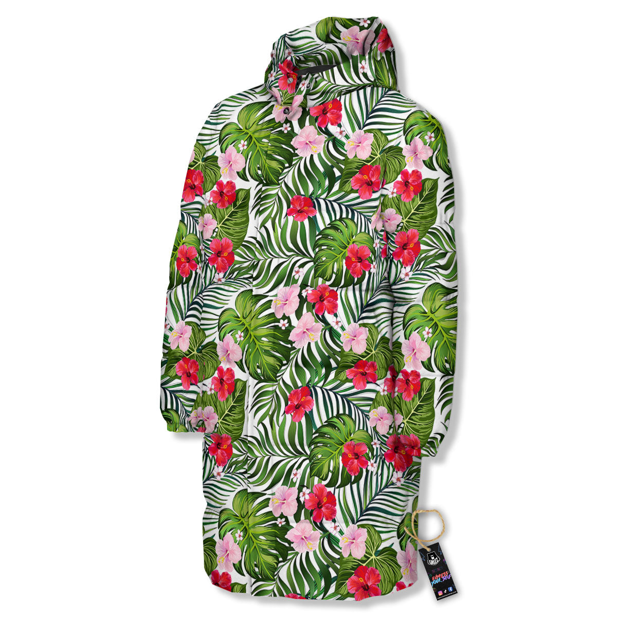 Hawaii Hibiscus Monstera Print Pattern Long Down Jacket-grizzshop
