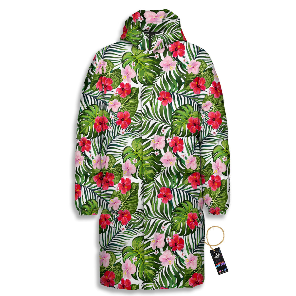 Hawaii Hibiscus Monstera Print Pattern Long Down Jacket-grizzshop